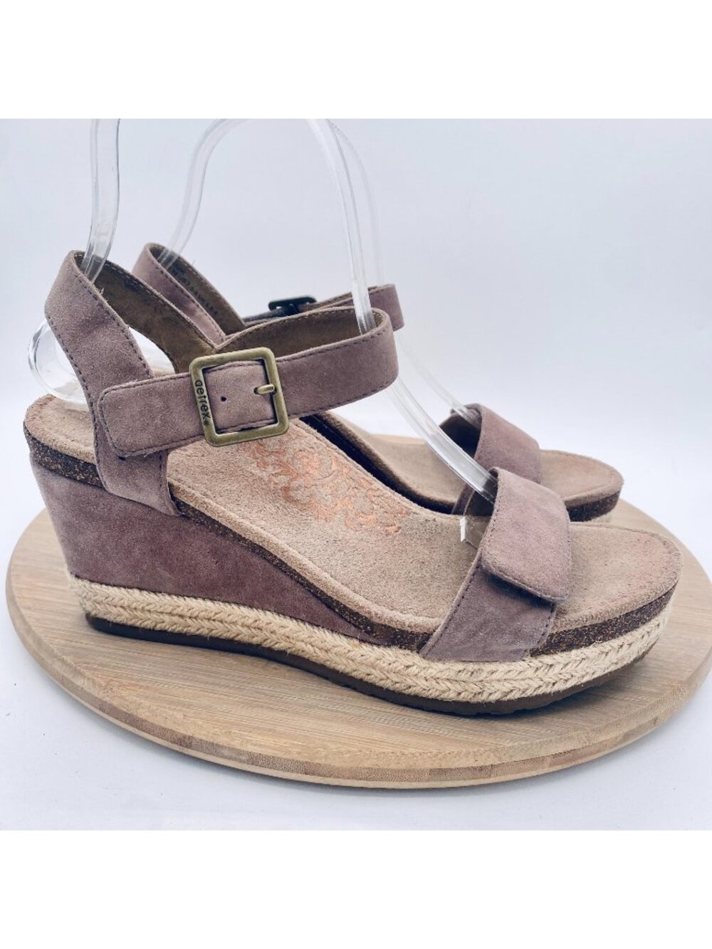 Aetrex Sydney Sandals Womens 7.5 Taupe Suede Comfort Ankle Strap Wedge Peep